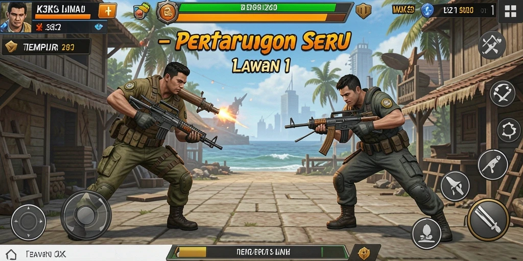 Antarmuka pertempuran K3K3 dengan karakter yang siap bertarung.
