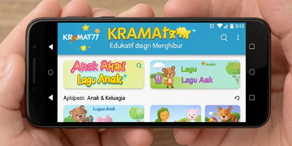 Tampilan antarmuka KRAMAT77 yang ramah anak dengan lagu-lagu yang menyenangkan.